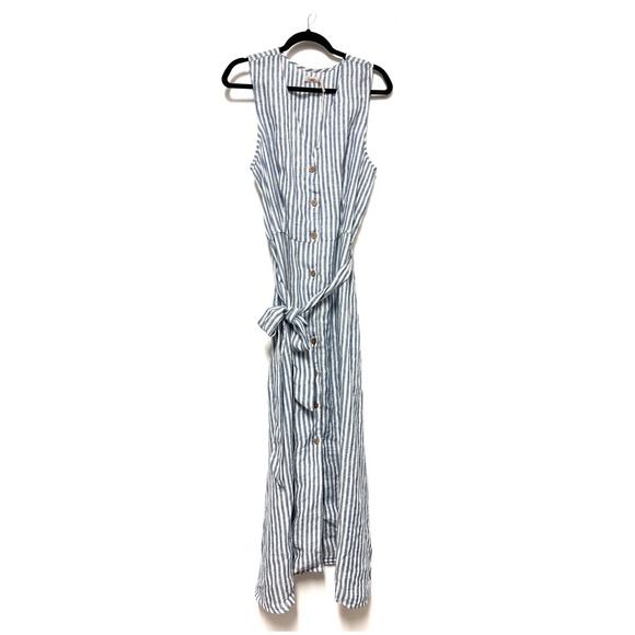 NWOT Margaux Stripe Belted Linen Midi Dress - Sleeveless Button-Front - Picture 4 of 10